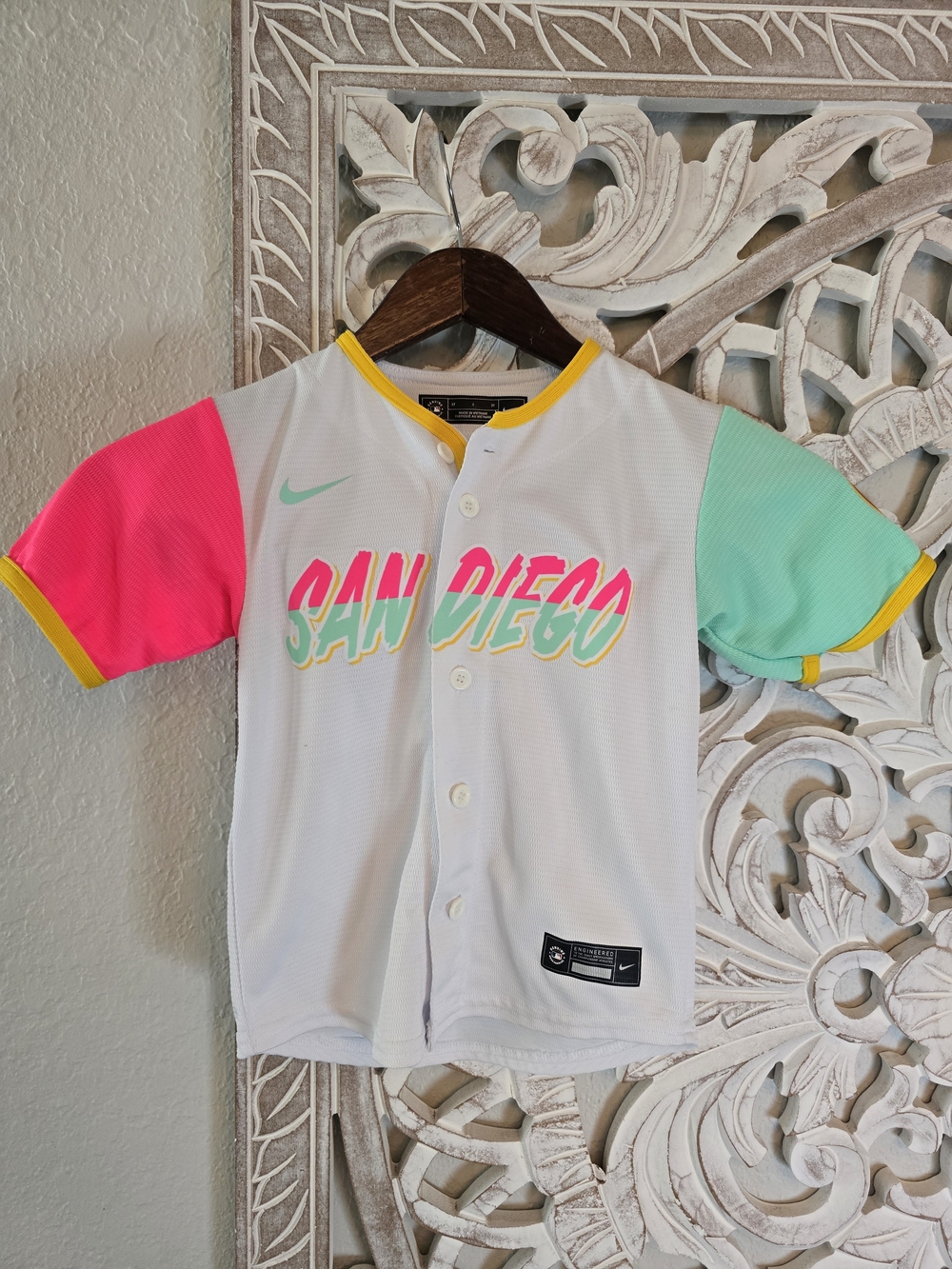Nike Kids 'San Diego' White Baseball Jersey with Pink & Mint Sleeves